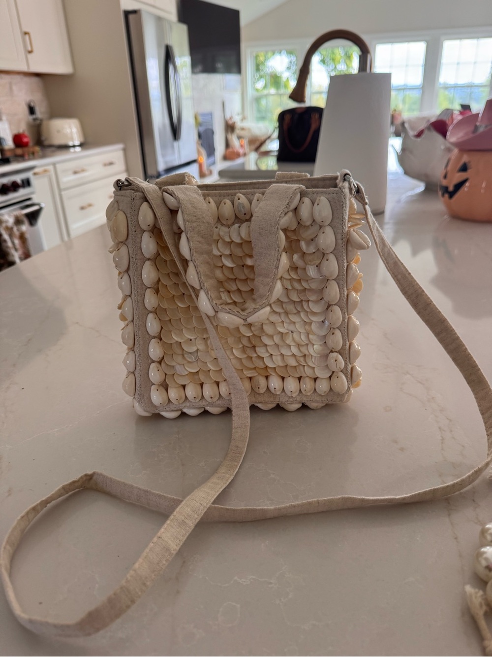 Handmade Shell-Embellished Cream Crossbody Bag
